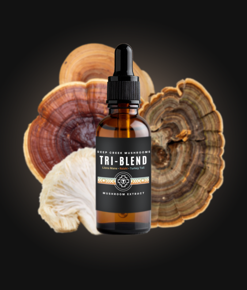 Deep Creek Mushrooms Tri-Blend mushroom extract bottle with mushrooms in the background on a dark background
