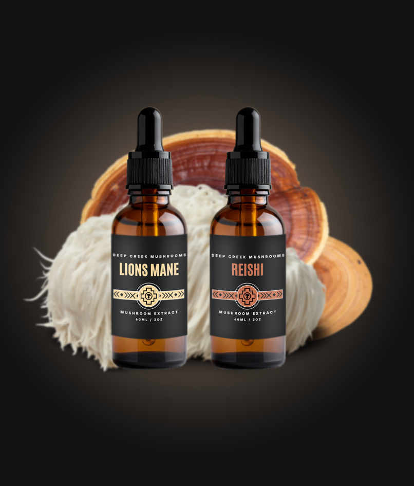 Two mushroom extract bottles labeled 'Lions Mane' and 'Reishi' on a dark background.