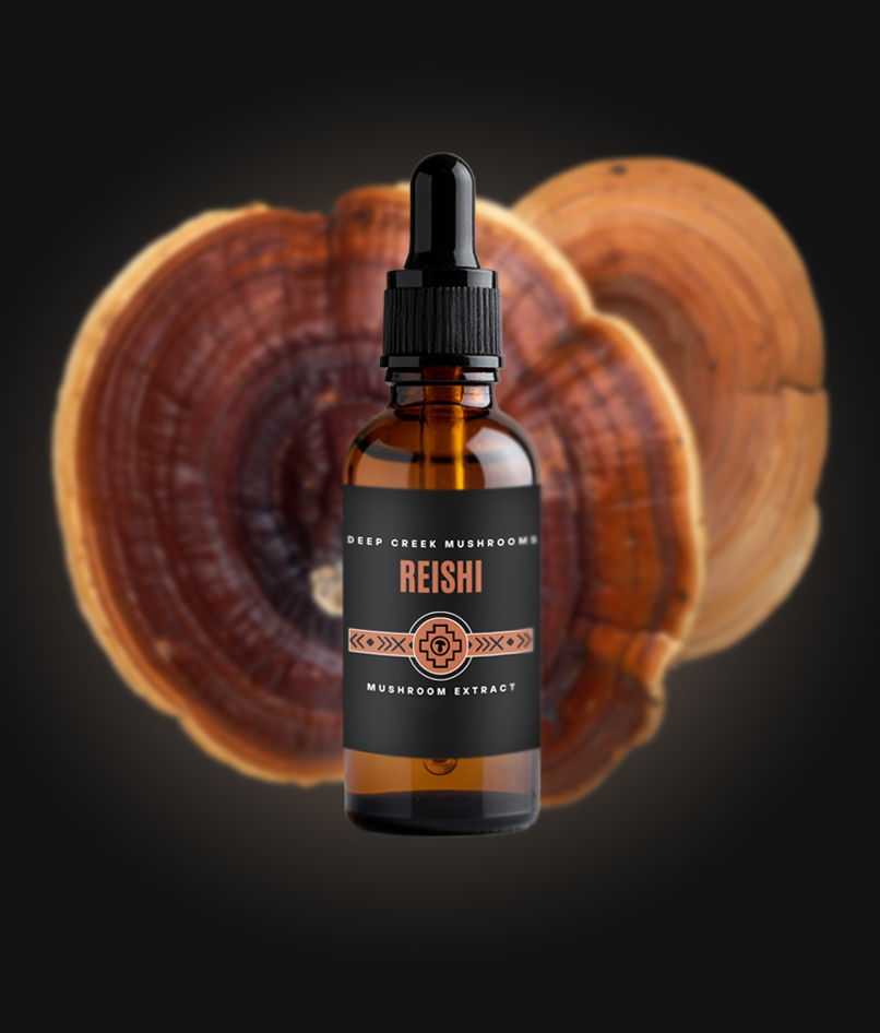 Bottle of Reishi mushroom extract with a wooden background