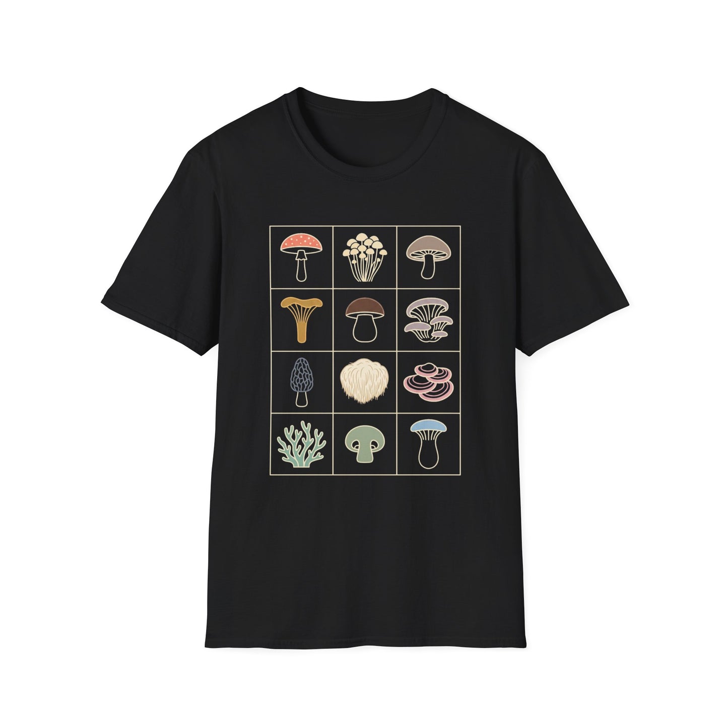 Mushroom Grid T‑Shirt — Vintage Botanical Fungi Illustration Tee