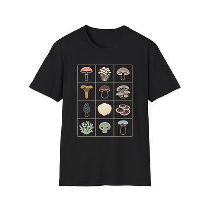 Mushroom Grid T‑Shirt — Vintage Botanical Fungi Illustration Tee