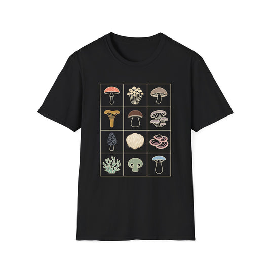Mushroom Grid T‑Shirt — Vintage Botanical Fungi Illustration Tee