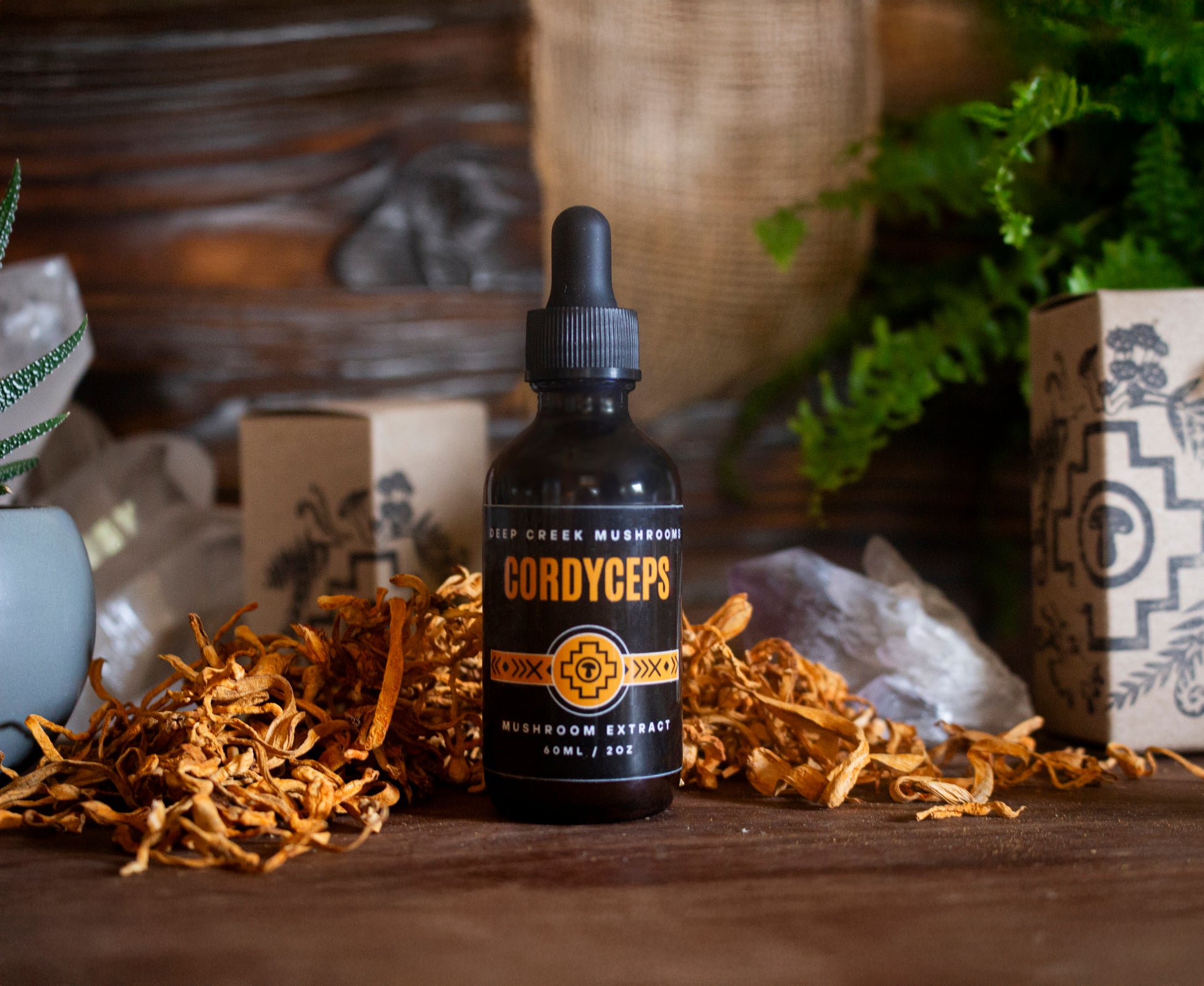 Bottle of Cordyceps mushroom extract on a wooden surface with natural elements.