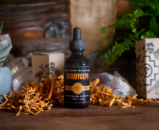Bottle of Cordyceps mushroom extract on a wooden surface with natural elements.