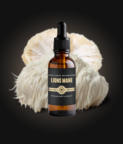 Bottle of Lions Mane mushroom extract with a mushroom in the background on a dark background