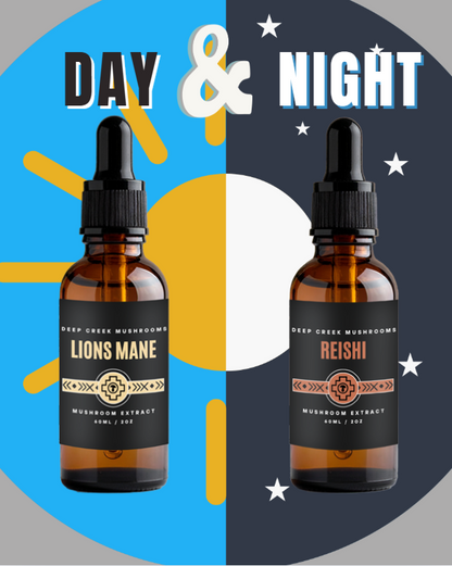 Two bottles of mushroom extract with 'Lions Mane' and 'Reishi' labels on a split background with sun and moon symbols.