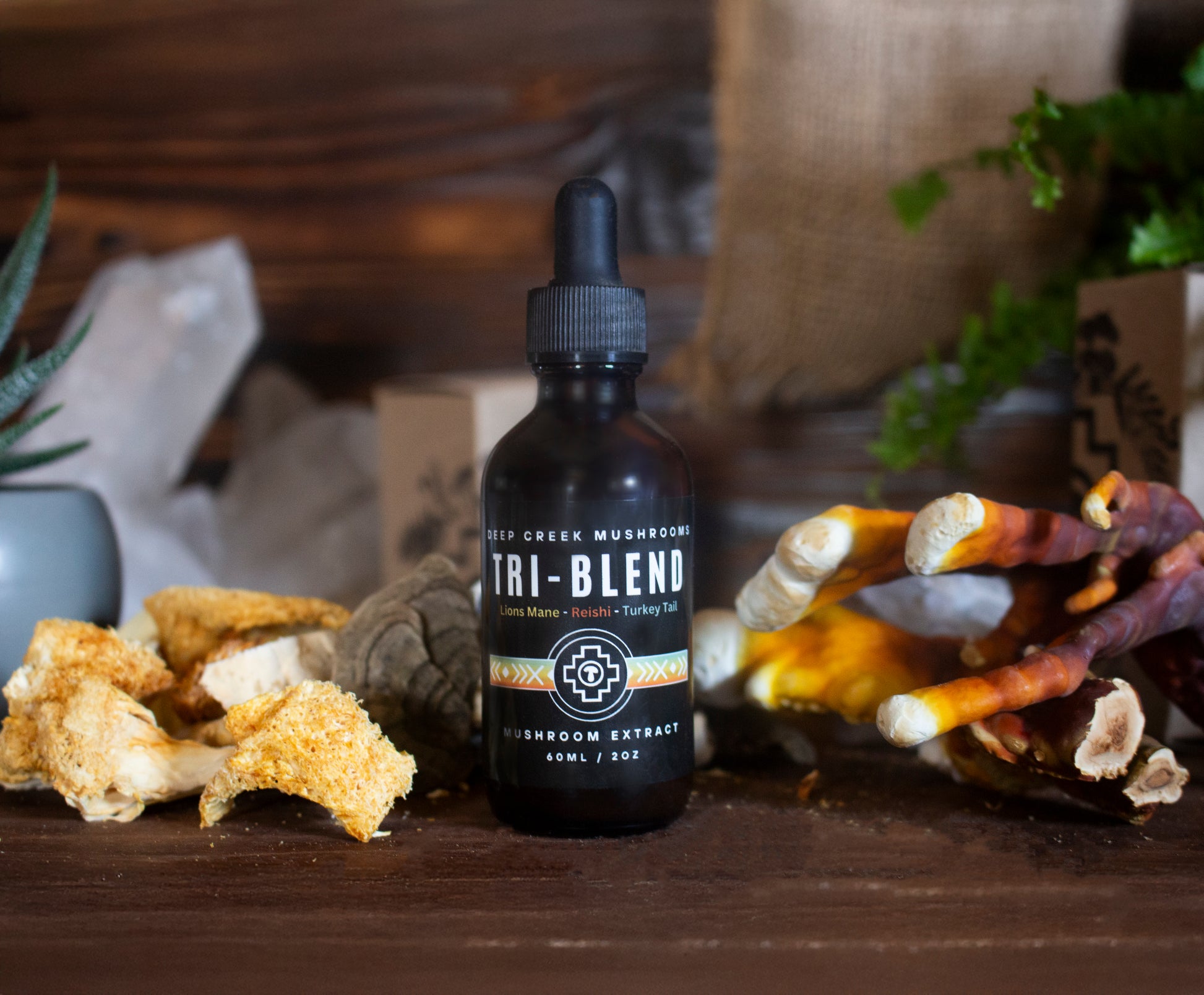 Bottle of Deep Creek Mushrooms Tri-Blend mushroom extract on a wooden surface with dried mushrooms and plants in the background.